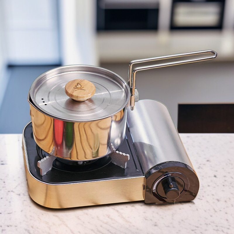 携帯用ステンレスキャンプケトル、蓋と折りたたみハンドル付き、アウトドアクッキング用