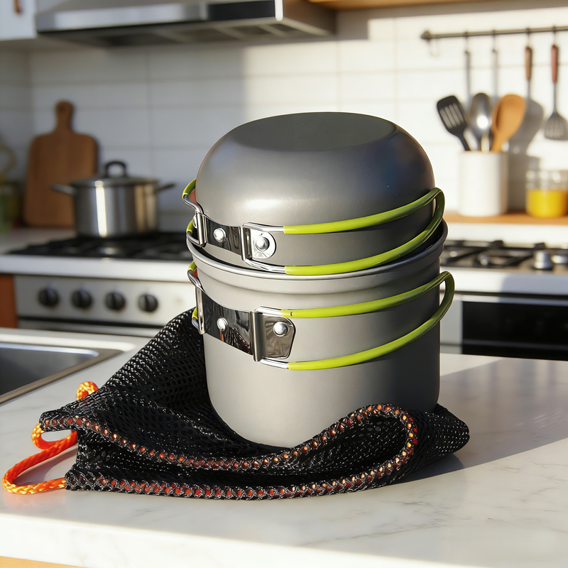 Kültéri hordozható főzőkészlet 12 fő részére edényekkel és evőeszközökkel