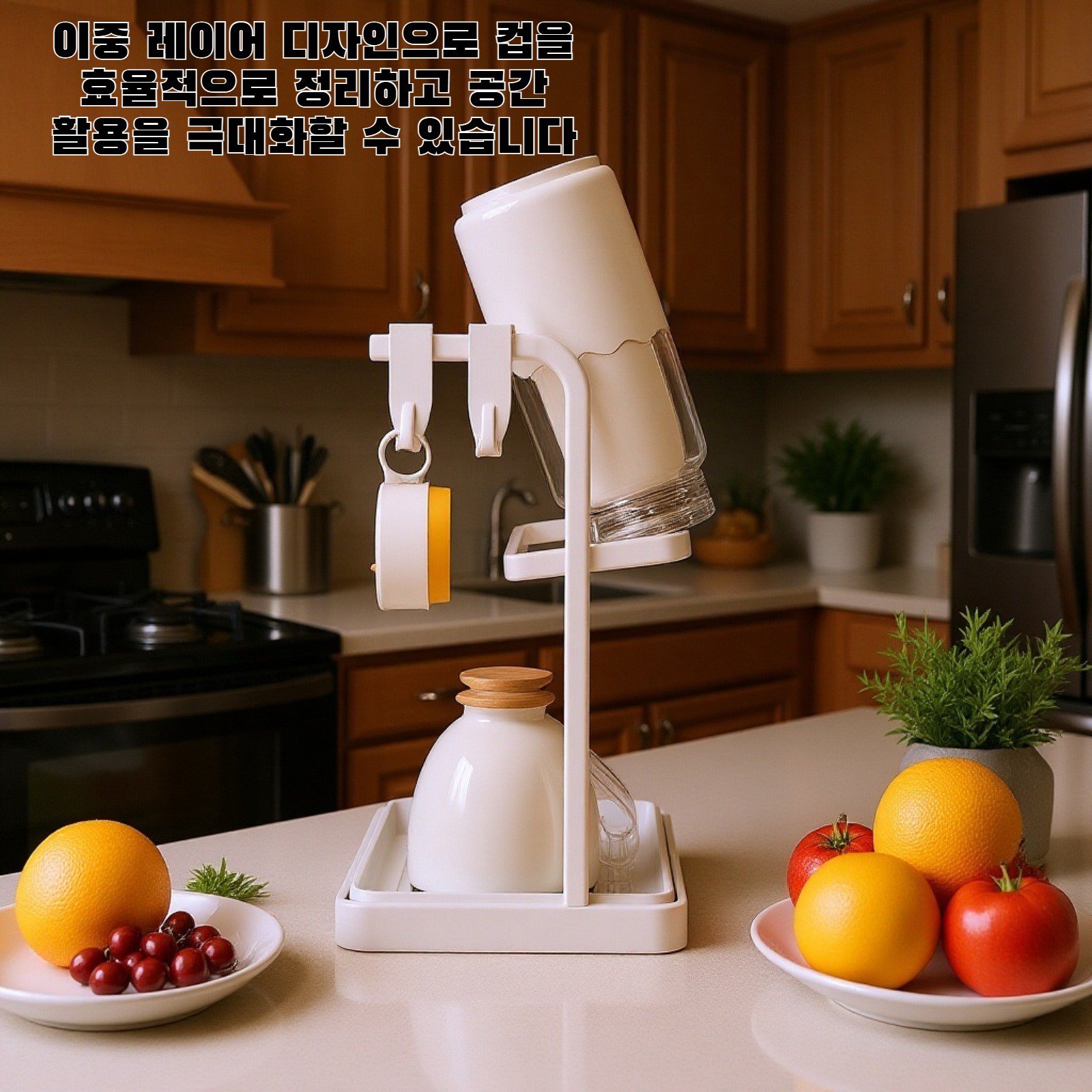 주방 조리대 위에 놓인 이중 레이어 역전 컵 랙