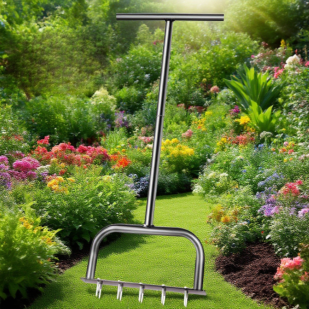 Standing garden soil loosening device in use on lawn