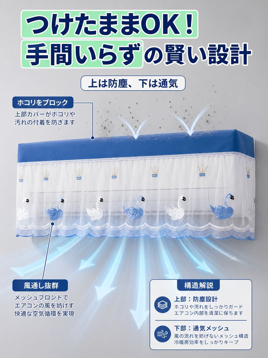 直風防止レース付きエアコンカバー
