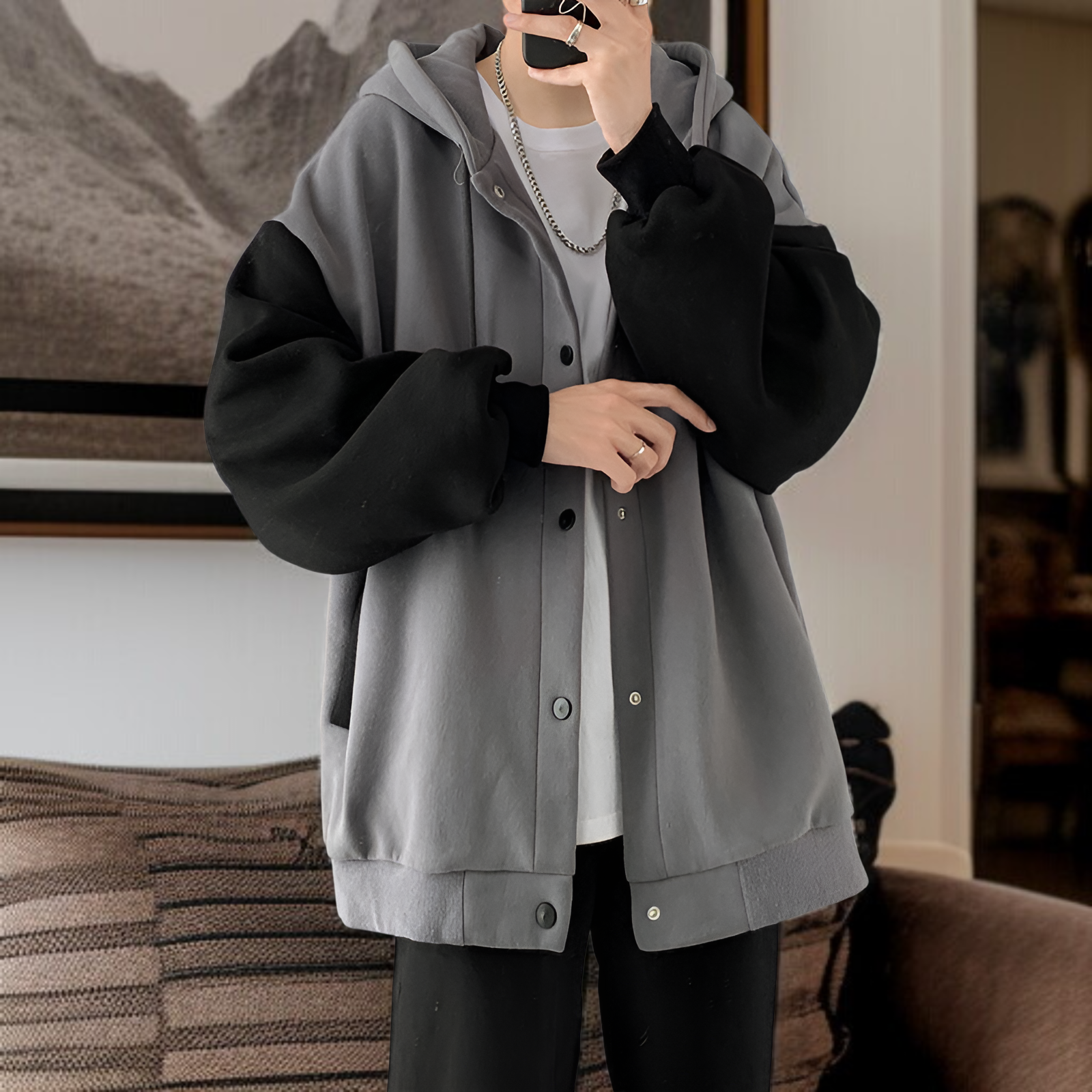 香港スタイルの秋と冬の男性用カジュアルカーディガンジャケット、ベルベットと厚みのあるトレンディなスプライシングスウェットシャツ、ルーズフード付きスウェットシャツ、カップル着用