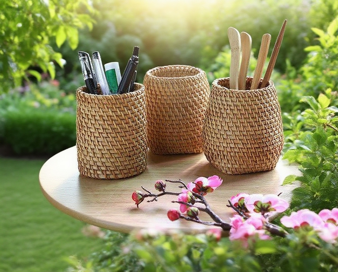 수제 등나무 문방구 필통 수납함 정면 사진