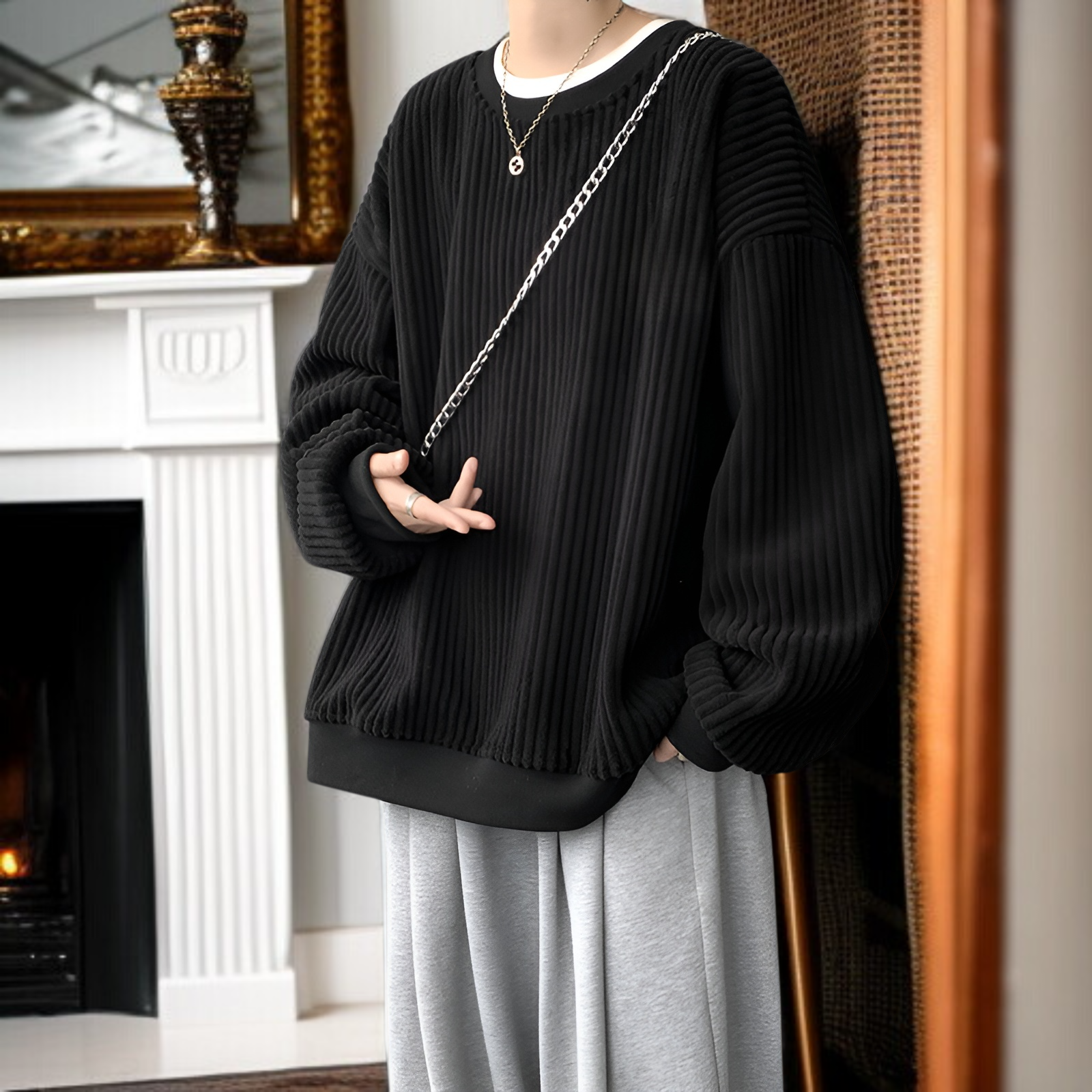 新しいメンズカジュアルスウェットシャツ 和風コーデュロイ ラウンドネック スウェットシャツ プラスベルベット 厚手スウェットシャツ メンズジャケット