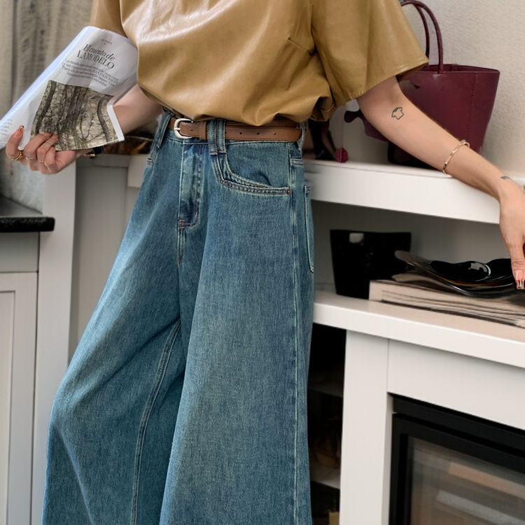 여성 와이드 데님 일자 팬츠 배라인 몸매 가림 하이웨스트 와이드 팬츠 처짐 작은 키 빈티지 팬츠