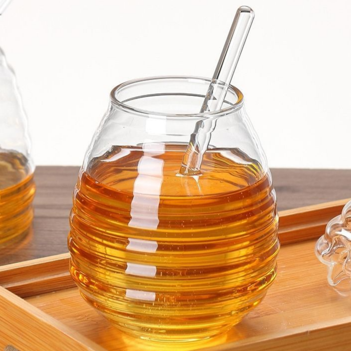 Tarro de vidrio de borosilicato alto para té, dulces y miel con varilla agitadora y tapa hermética