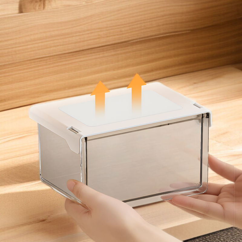 33°の傾斜角度で出し入れしやすいテーブル下収納ボックス。シンプルで透明な引き出し式で、オフィス、トイレ、洗面台、バスルームなどに最適な防水収納ボックスです。