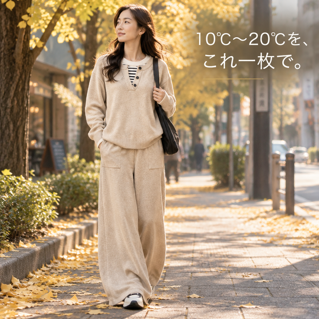 レディース春秋新作フェイクレイヤードトップス＋ワイドパンツ2点セット