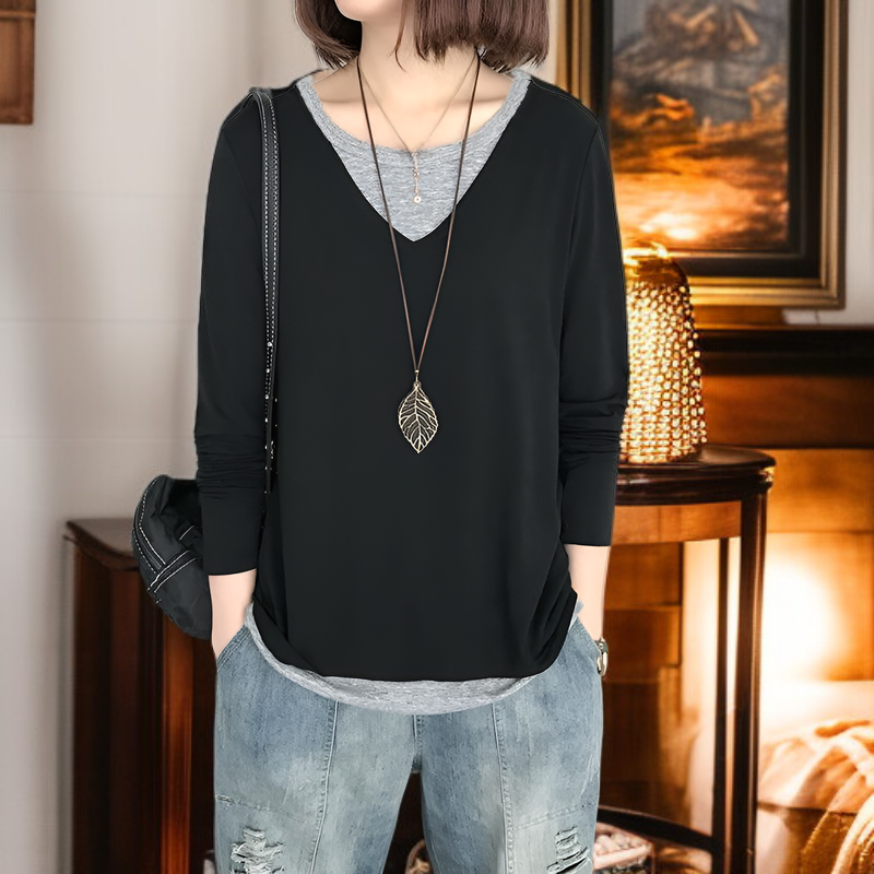 レディース秋長袖Tシャツ、秋パッチワークフェイクツーピースセット、新韓国スタイルカジュアルシックトップス、Tシャツベースレイヤー