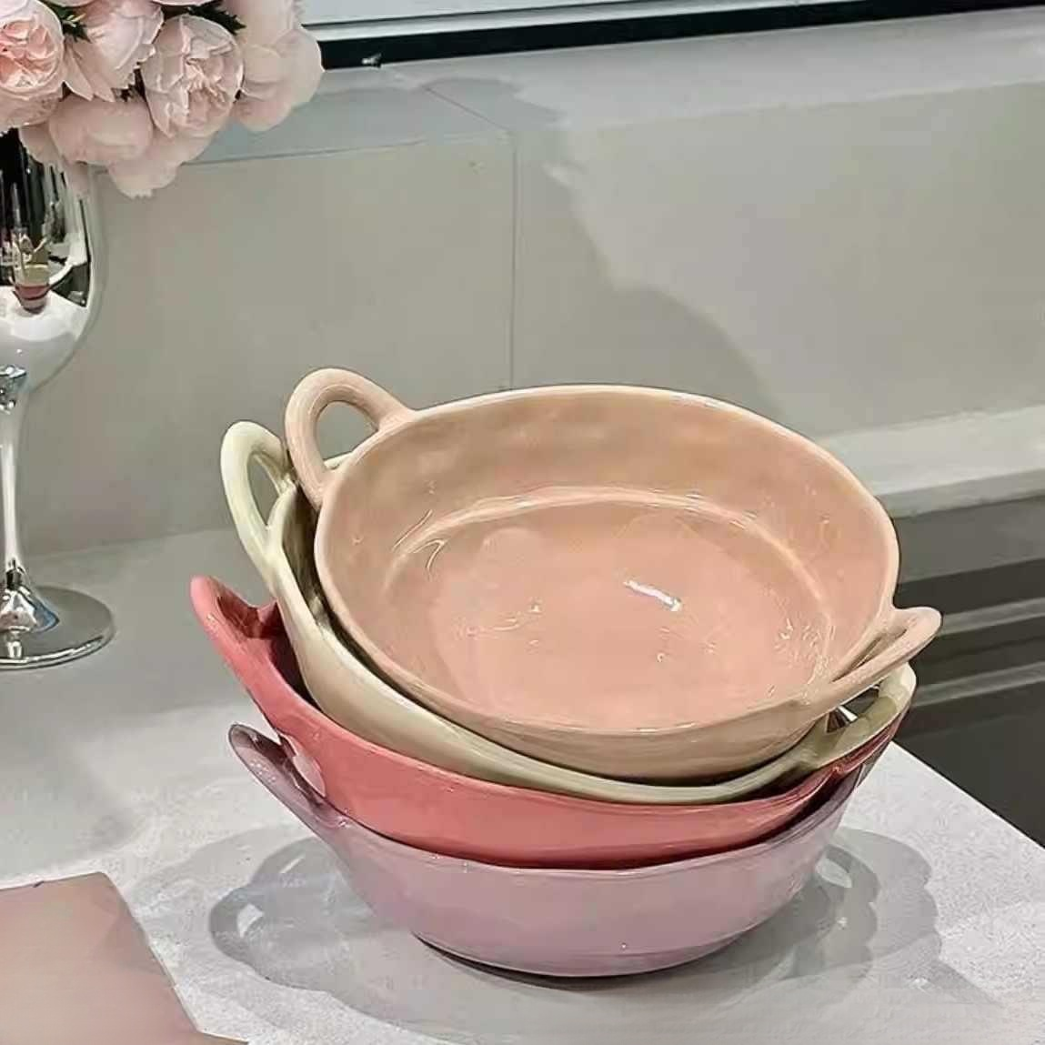 Keramik-Doppelhenkelschale, unregelmäßiges Design, für Obst, Salat, Nudeln und Studentenwohnheim