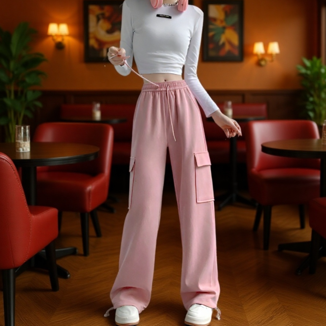 女性用ゆったり厚手防寒ロングパンツ、裏起毛スポーツハイキングパンツ、ウエストゴムとポケット付き、美脚登山ワークパンツ、秋冬春大きいサイズ