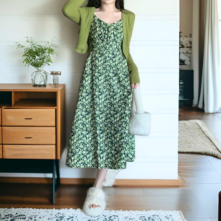 スリム見え隠し花柄ワンピース