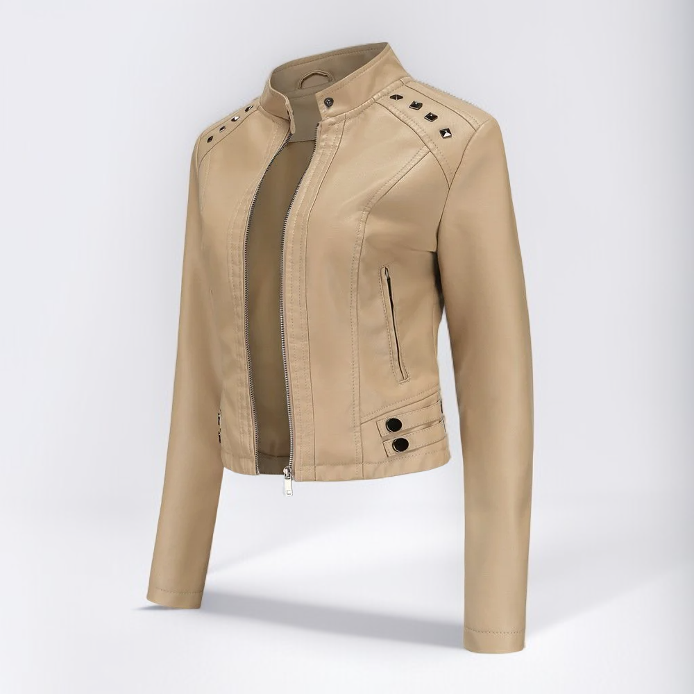 スタイリッシュなレディース革ジャンパー横からの写真