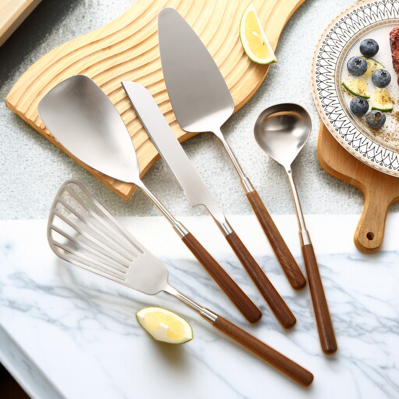 家庭用ヘラ ウォールナット・キッチン雑貨 クッキングステンレスヘラ ケーキ・スープ・スプーン・ナイフ・ヘラ ナイフ ヘラセット 鍋用食器