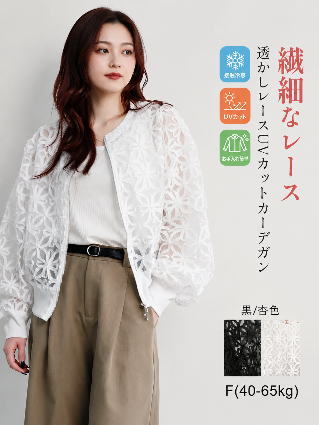 Monolly 接触冷感・立体フラワーレース UVカットブルゾン