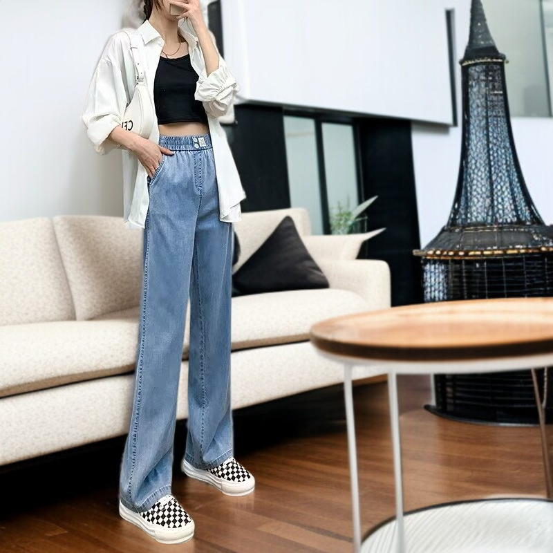 여성 여름 살코기 아이스 청바지 하이웨스트 와이드 얇은 아이스 원단 와이드 팬츠