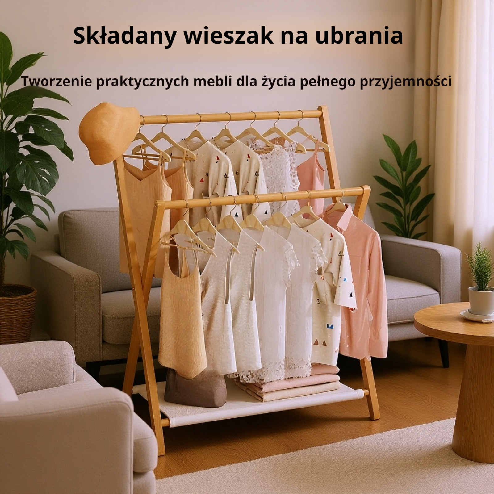 Składany bambusowy wieszak na ubrania – widok ogólny