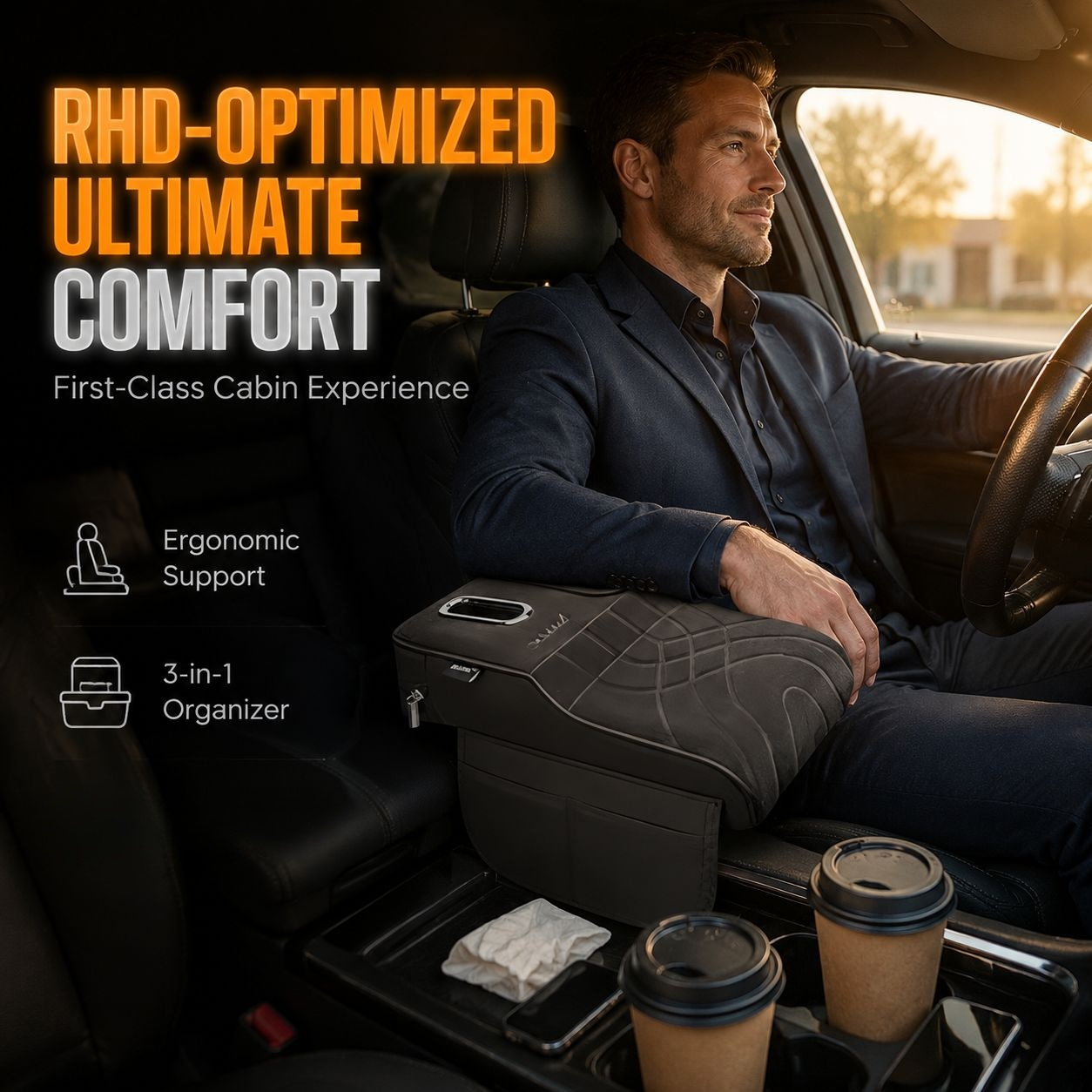 Universal Car Armrest Center Console Protector with Tissue Box and Cup Holder