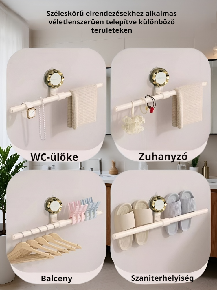 Fali, nyom nélkül rögzíthető, többfunkciós, teleszkópos tárolópolc 