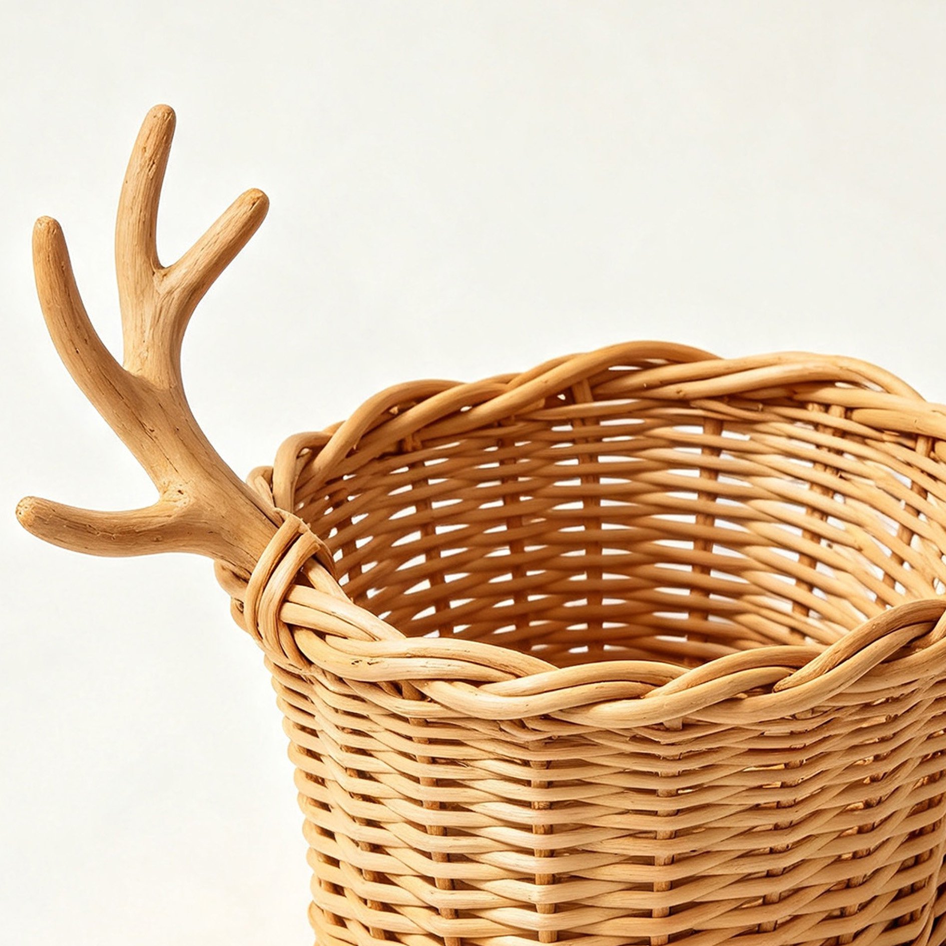 Close-up of willow antler storage basket handles