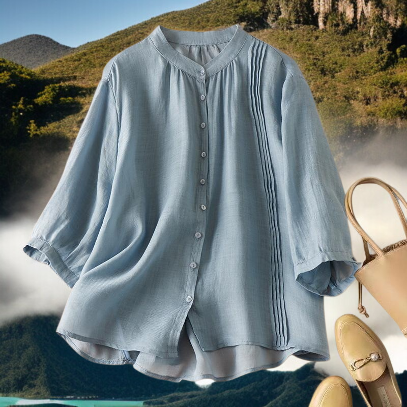 2025 여름 차이나 풍금 주름 면 마 5부 블라우스 여 여름 기질 드러나는 문예 티셔츠 블라우스 여