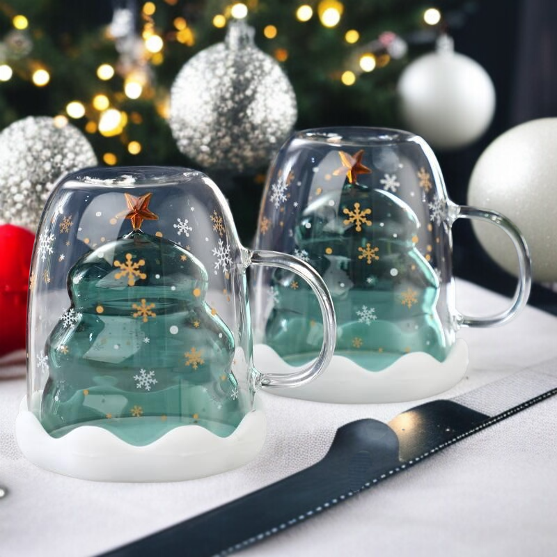 Doppelwandiges Glas mit rotem Henkel, Weihnachtsbecher 2025