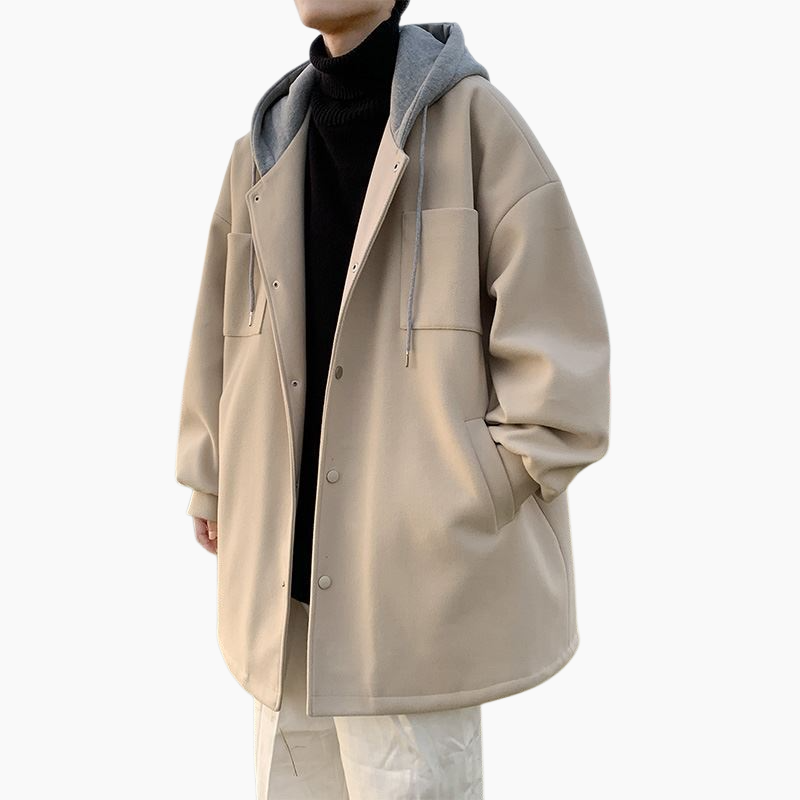 ツイードコートメンズ秋冬韓国版ミディアム丈ウィンドブレーカージャケット潮ルーズフード付きツイードジャケットのトレンド