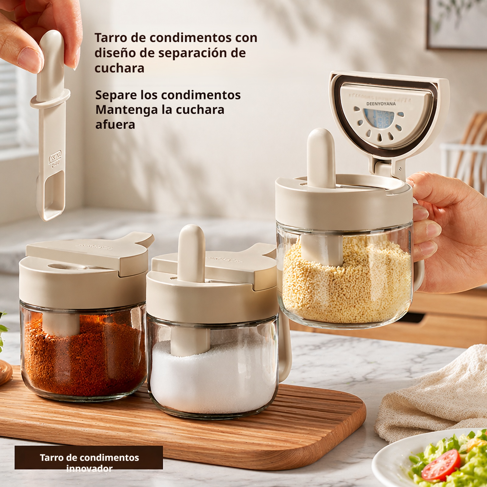 Frasco de condimentos para el hogar con cuchara, diseño separable de vidrio