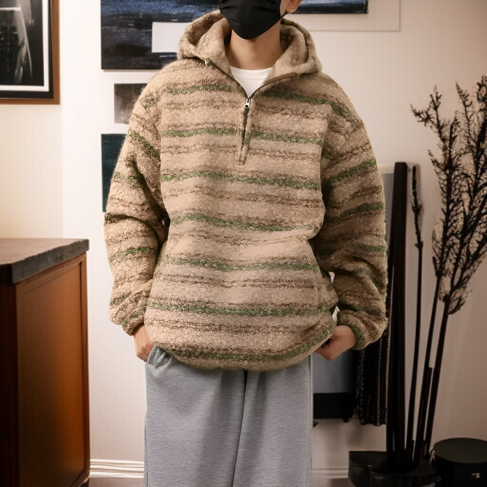 2026年春夏新作 メンズ トレンドのストライプ柄ルーズウールコートとレトロルーズニット