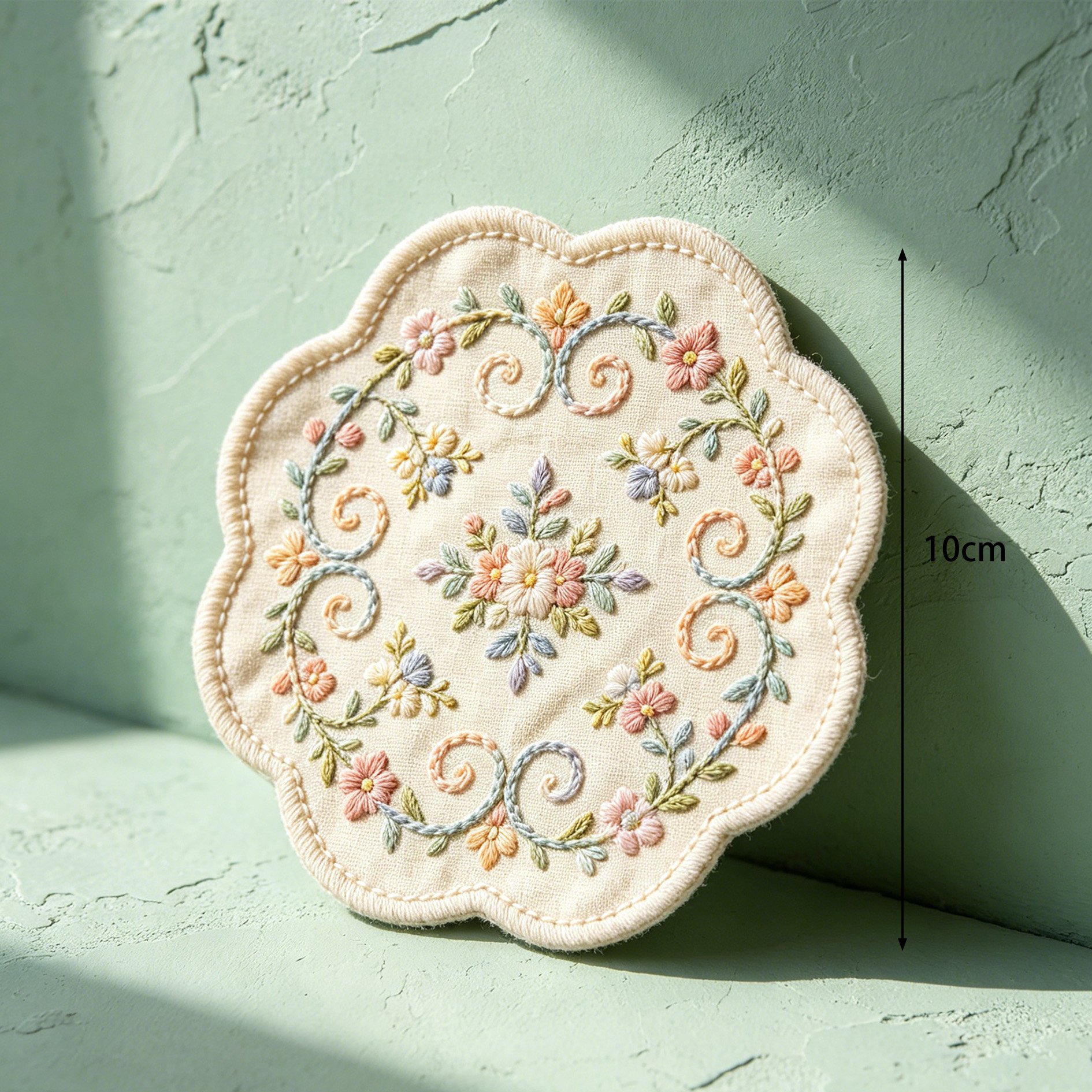 Stack of colorful embroidered drink coasters