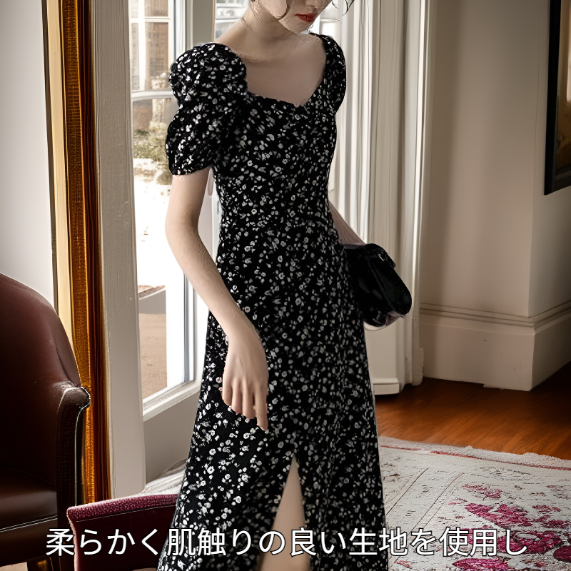 女性用ブラックフラワーロングワンピース