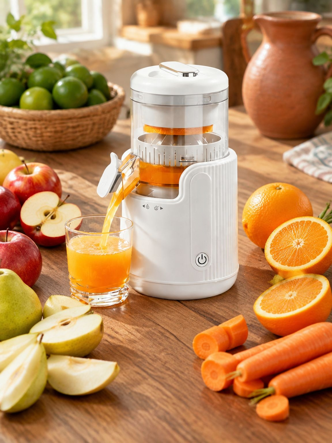 Exprimidor multifuncional con vaso de jugo fresco