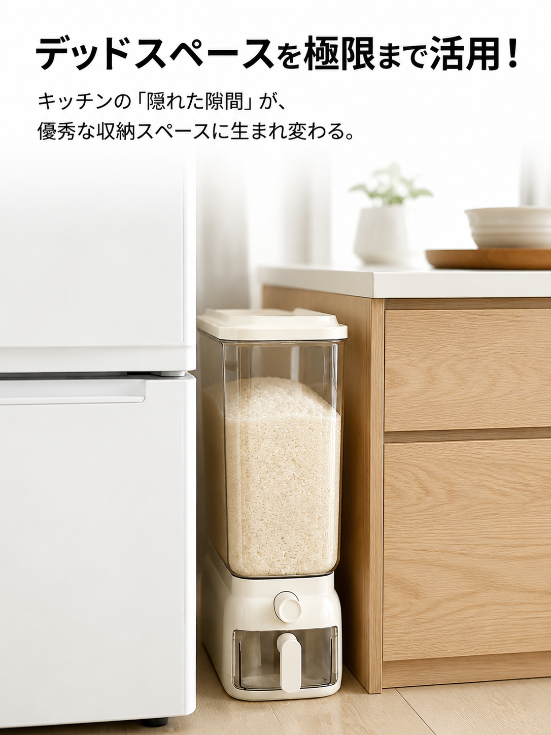 家庭用防虫・防湿米箱 スリムタイプ食品グレード穀物保存桶 押し出し式密封米びつ
