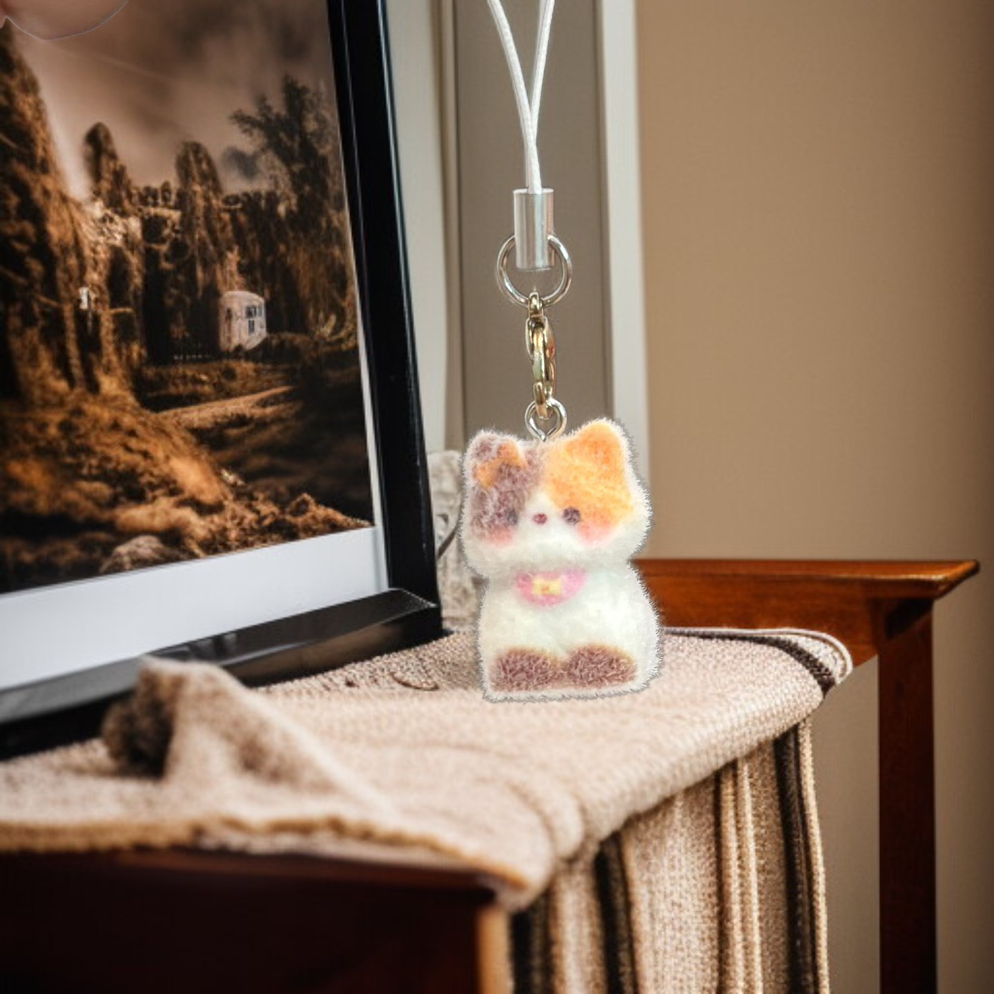  Cartoon Cute Flocking 3D Resin Cat Keychain