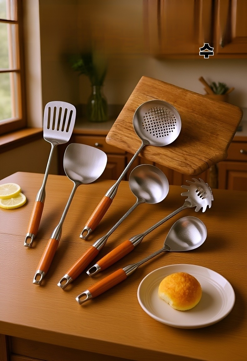 로즈우드 손잡이 스테인리스 스틸 주방 주걱 전체 이미지