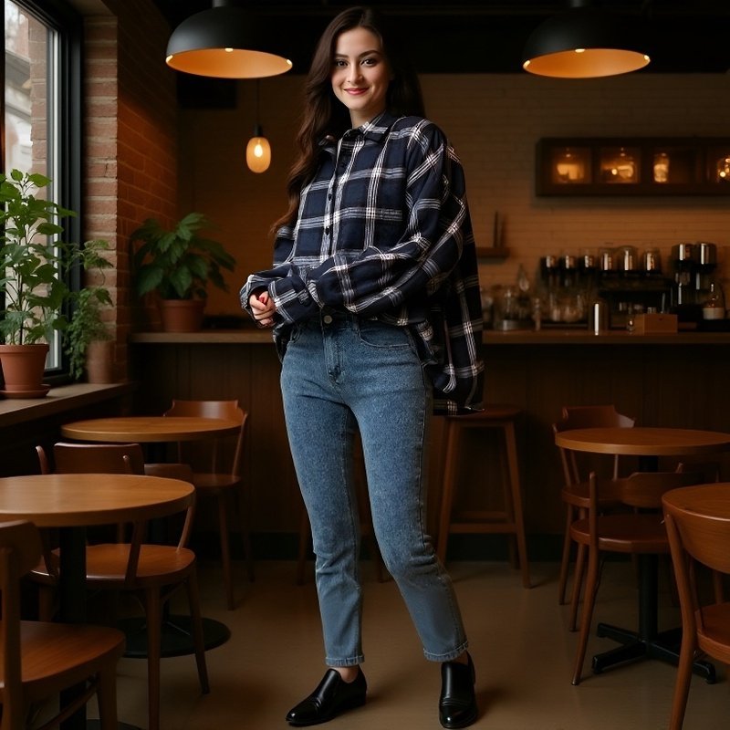 女性用カジュアルチェック柄フランネルシャツ