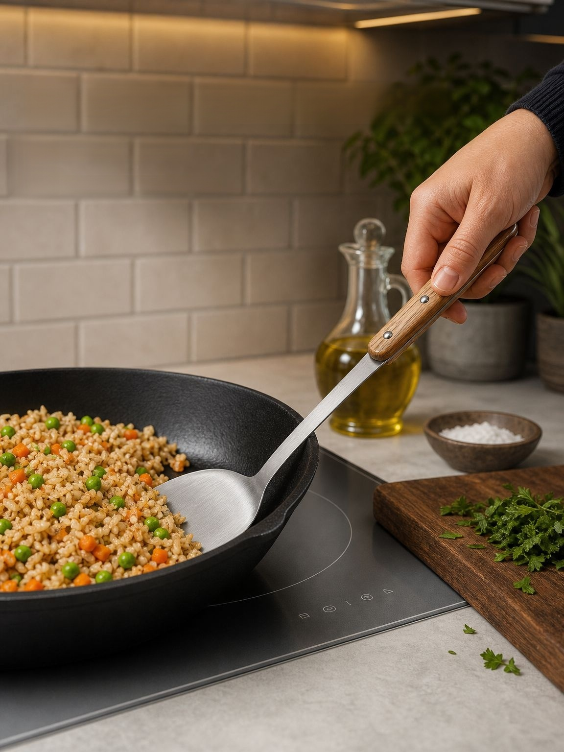 Close-up of the thickened stainless steel spatula blade