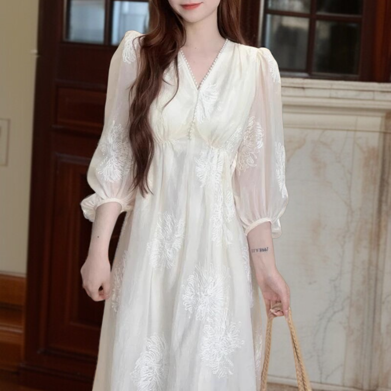 여성 티타임 슬림핏 원피스 하이웨스트 퍼프 브이넥 원피스