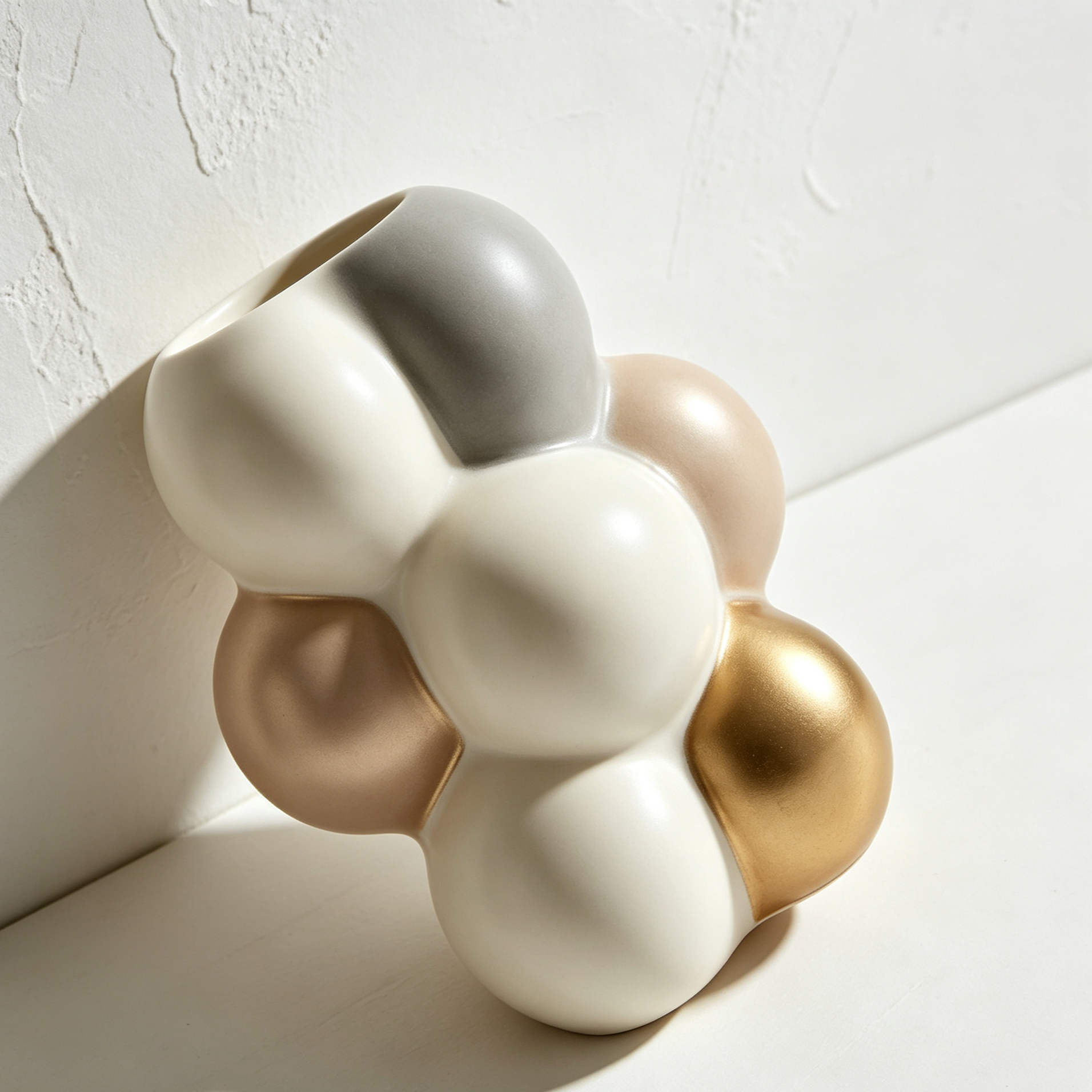 Set of three bubble ball ceramic vases on wooden table