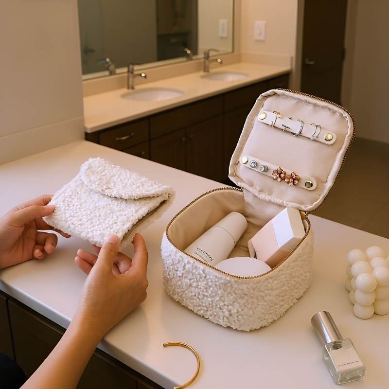 Bolsa multifuncional de maquillaje y joyería, caja de joyas de felpa de cordero