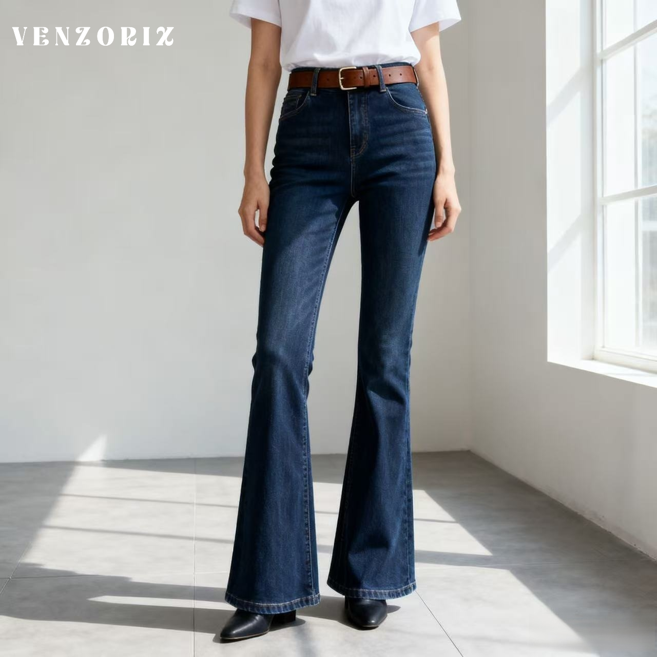 여성 레트로 워시드 블루진 전체 모습