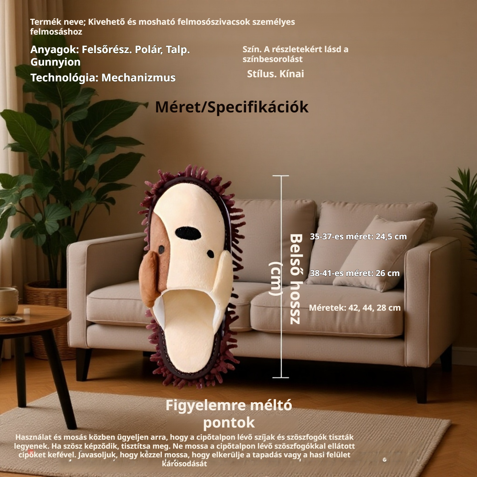 Téli, levehető, otthoni felmosó papucs, csendes beltéri használatra