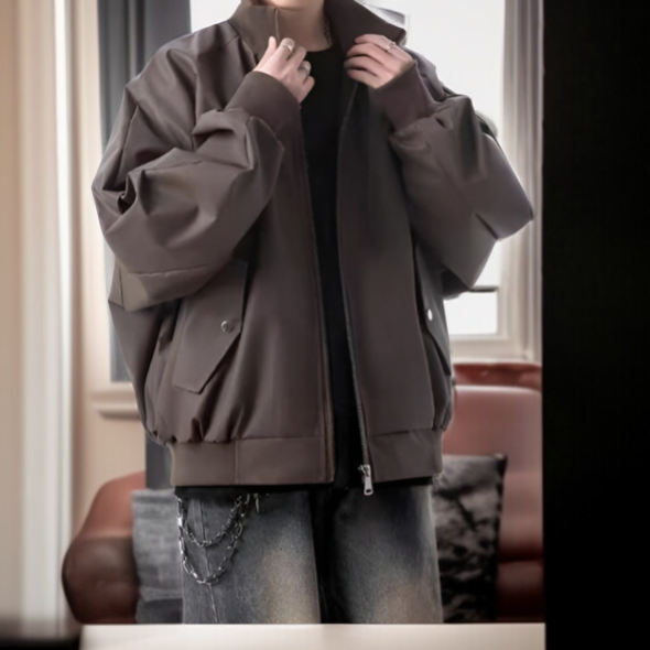 アメリカンスタイルのブラウンのモーターサイクルレザージャケット、暖かくて軽量なメンズアビエイターコート、ゆったりとしたスタンドカラーのベースボールジャケット、秋冬メンズウェア。