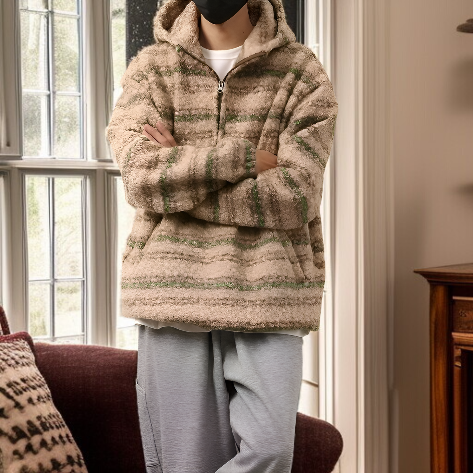 2026年春夏新作 メンズ トレンドのストライプ柄ルーズウールコートとレトロルーズニット