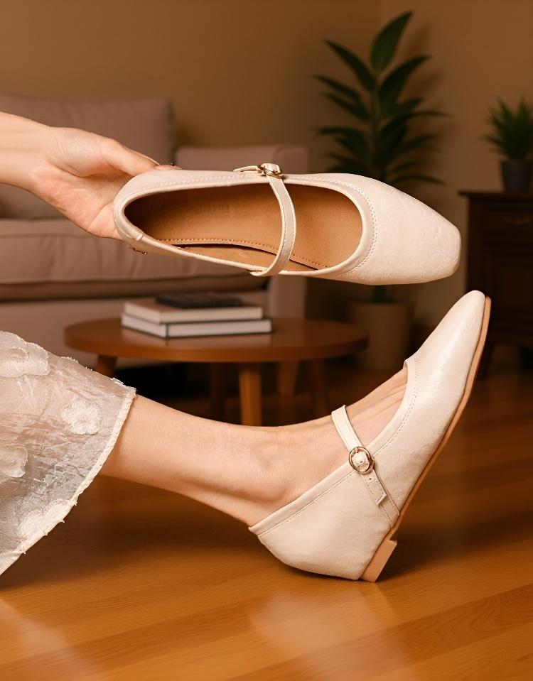 편안한 굽의 레드 메리제인 슈즈 착용샷