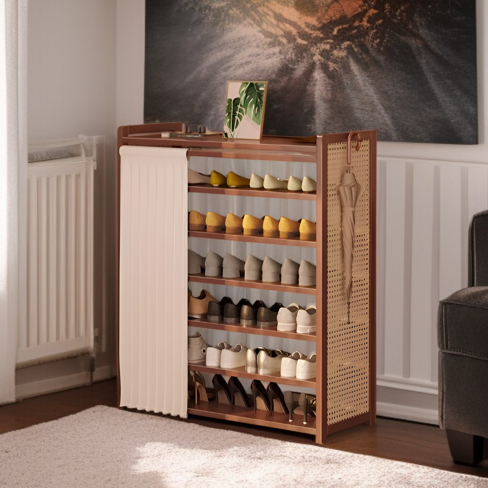 無垢材の多層収納靴キャビネット