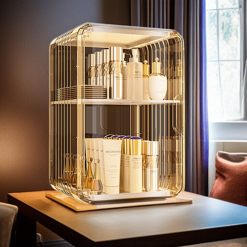 Acrylic organizer holding various lipsticks and sheet masks