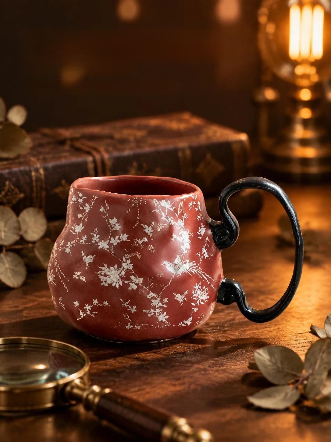 Durable Handmade Ceramic Mug placed by a cozy fireplace