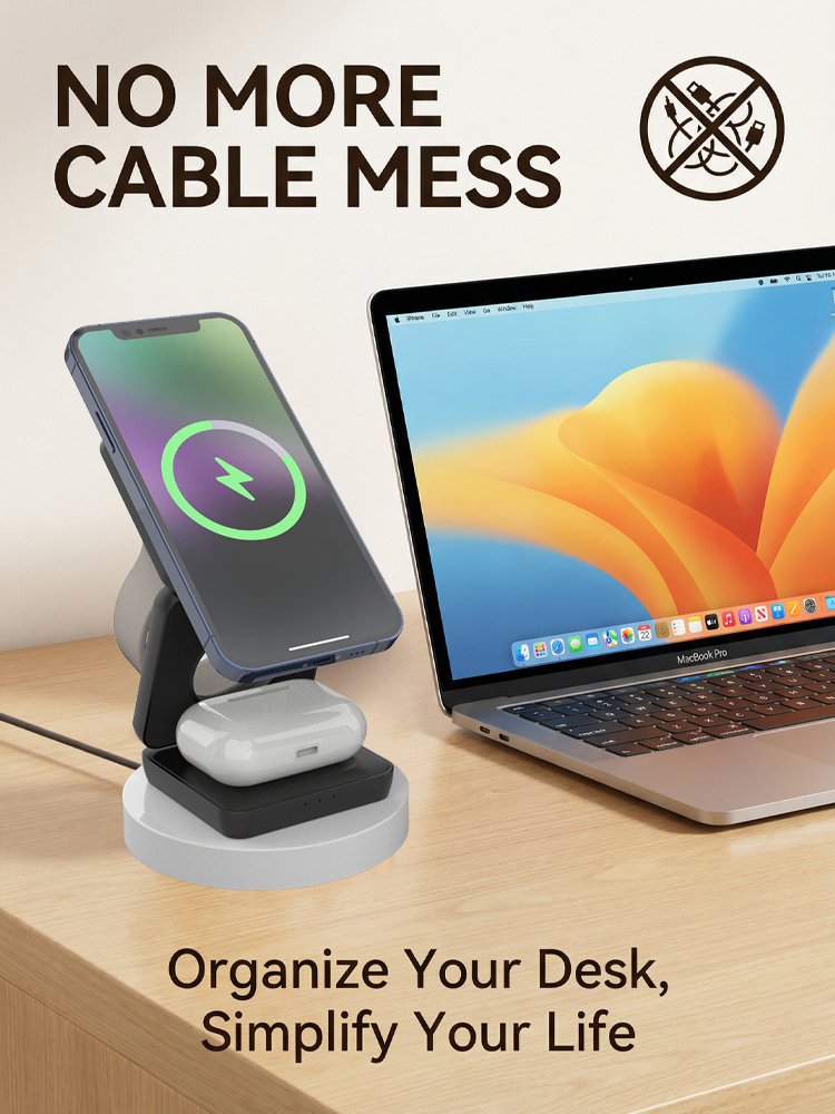 【 Say goodbye to clutter 】 Three in one folding magnetic wireless charger