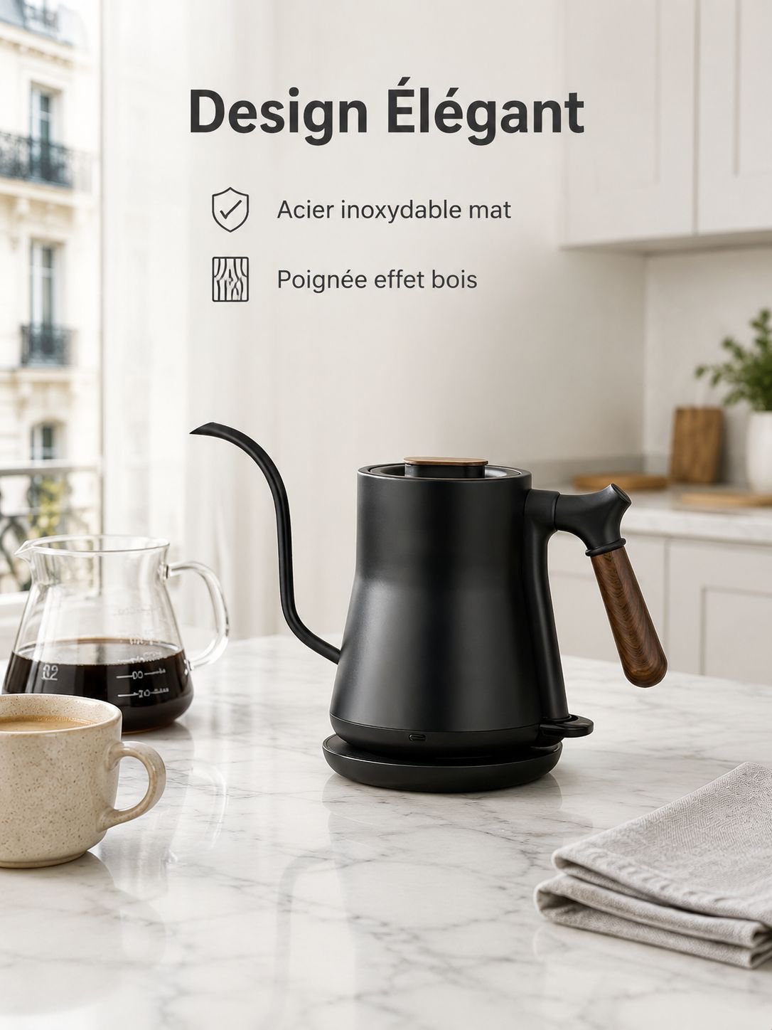 Bouilloire électrique à bec long avec contrôle de température pour café filtre